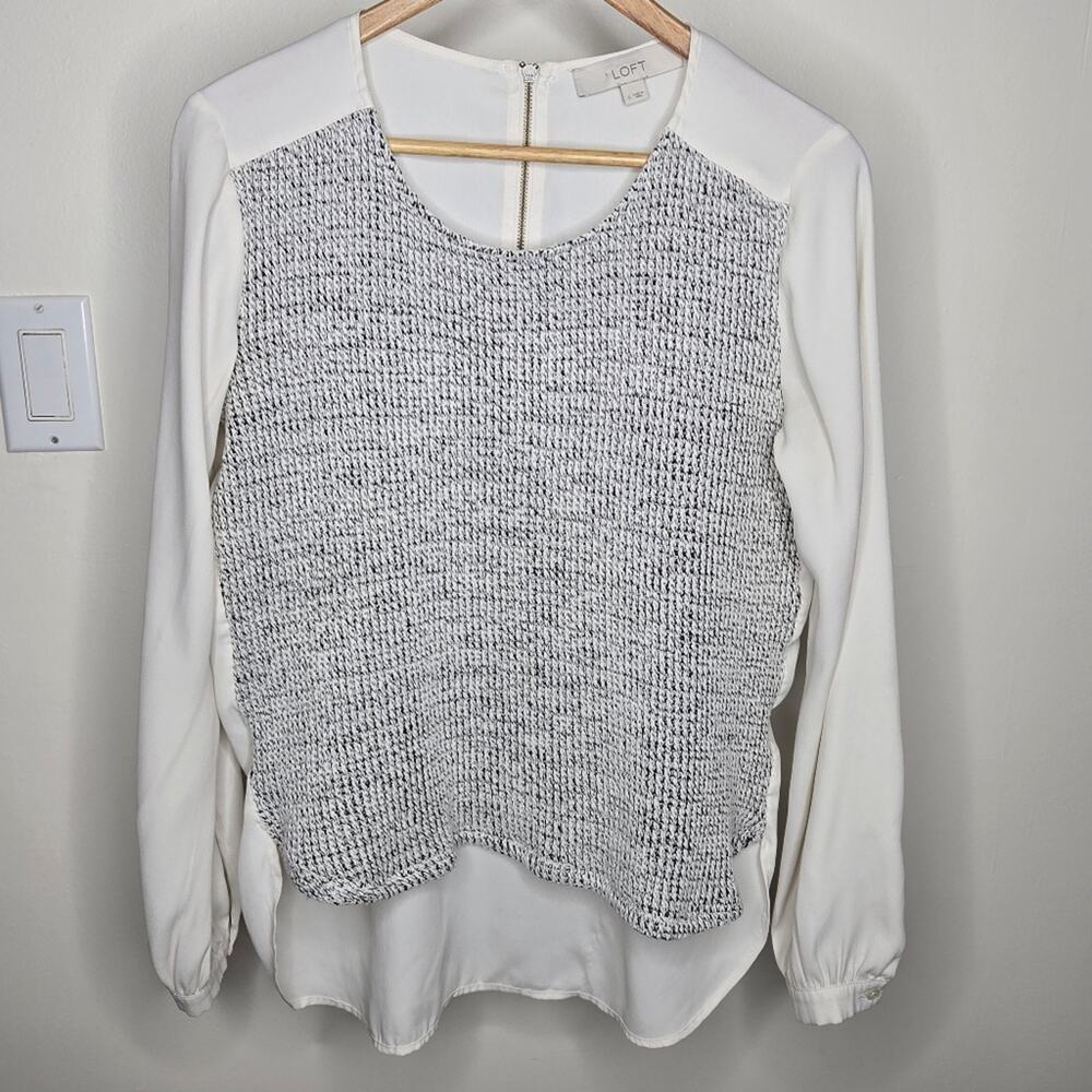 LOFT Cream & Gray Mixed Media Knit Front Panel Long Sleeve Blouse Size Small